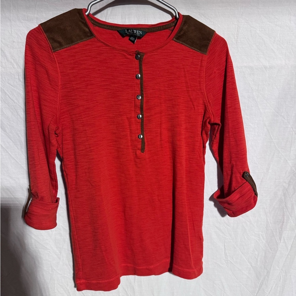 Lauren Ralph Lauren dark orange brown accents tab sleeve top Size Small